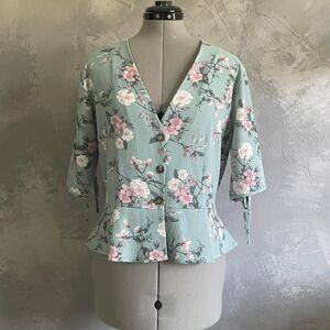 Jon & Anna Floral Peplum Blouse Mint Green Pink Flowers Size L